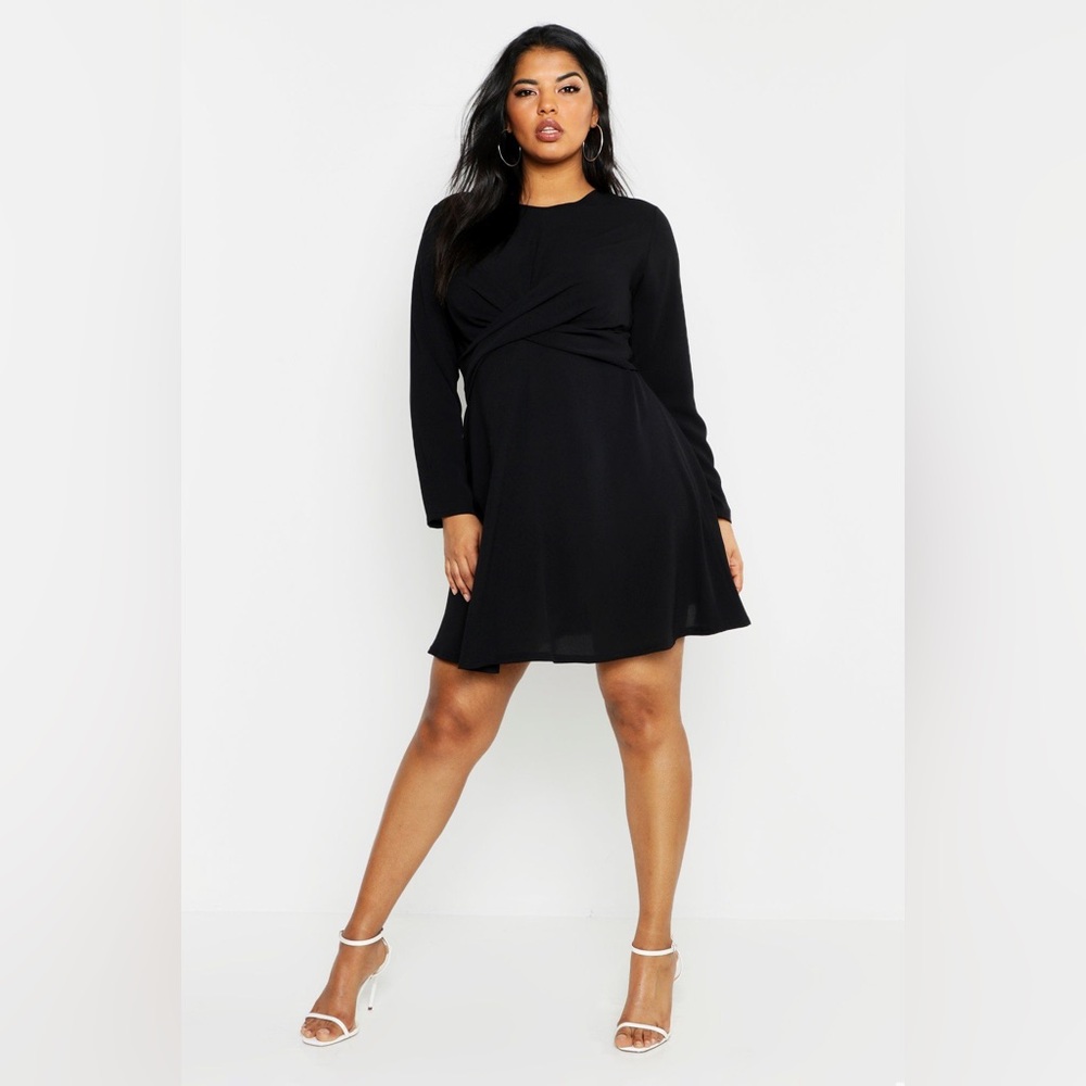 Boohoo Wrap Front Woven Black Skater Dress with Long Sleeves US 10, UK 14